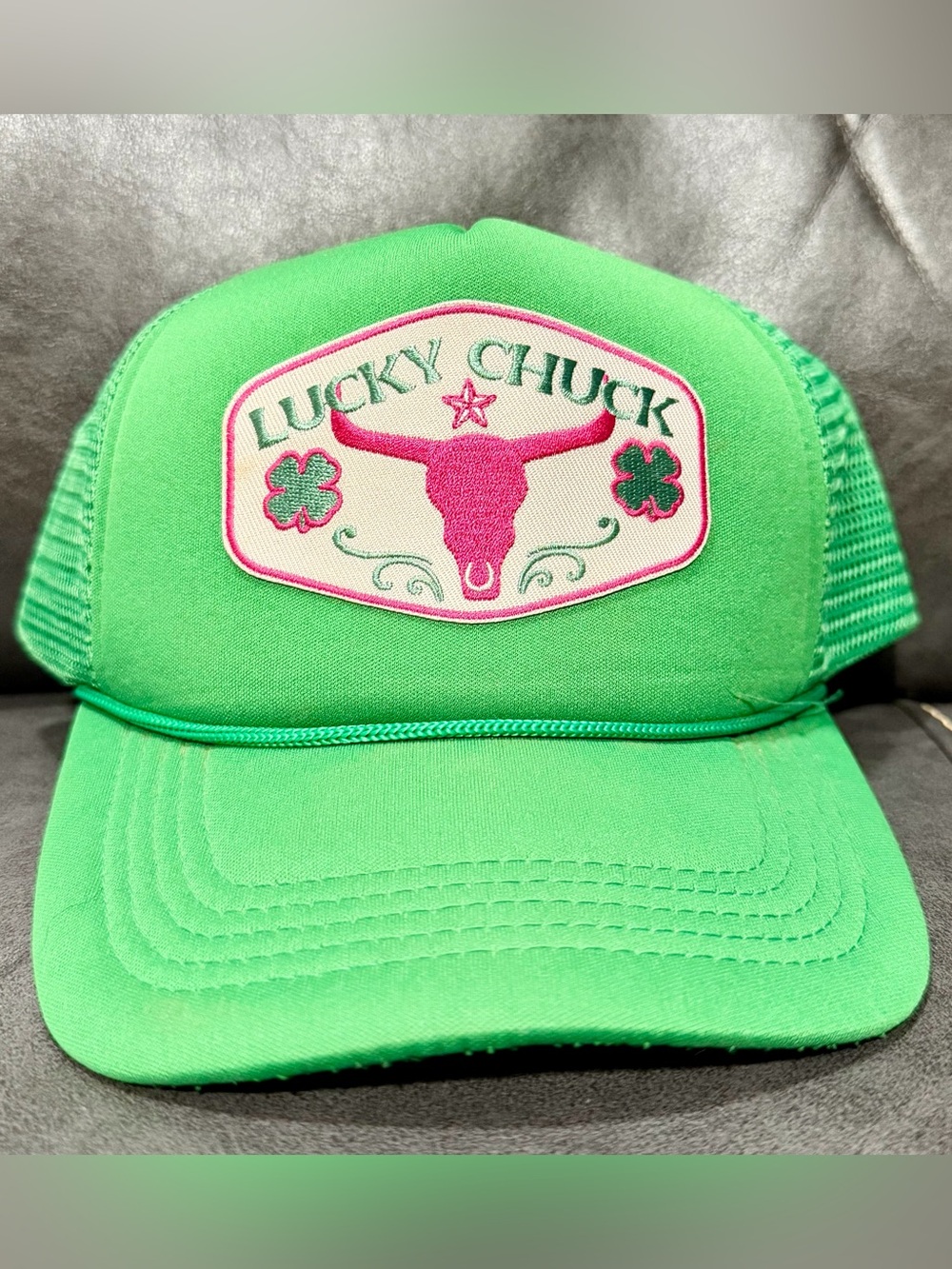 Lucky Chuck Women's Green Trucker Hat with Pink Patch